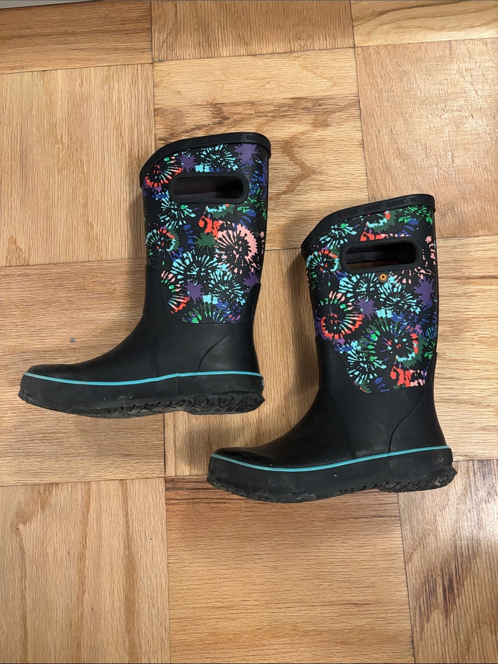 Bogs Kids Black Rain Boots with Multicolor Firework Print